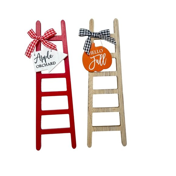 Fall Ladder Wood Decor Mini Sign Set 2pc Apple Orchard Hello Fall Tiered Tray - Picture 13 of 13